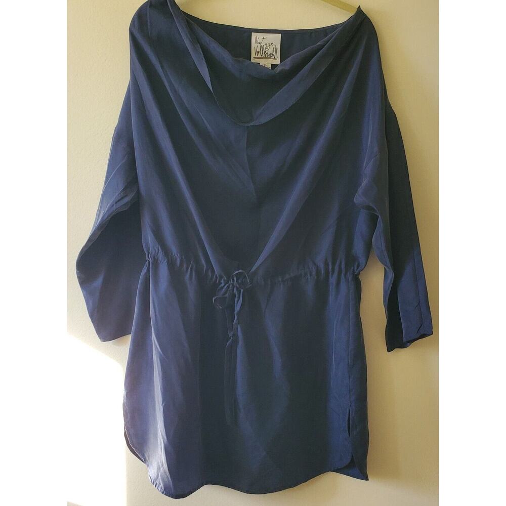 Vintage Vollbracht Womens L Silk Dress Tunic Drawstring Waist Casual Navy Blue